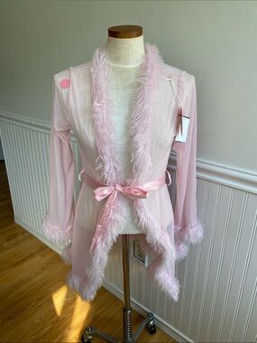Sheer Pink Feather Trim Robe with Satin Tie
